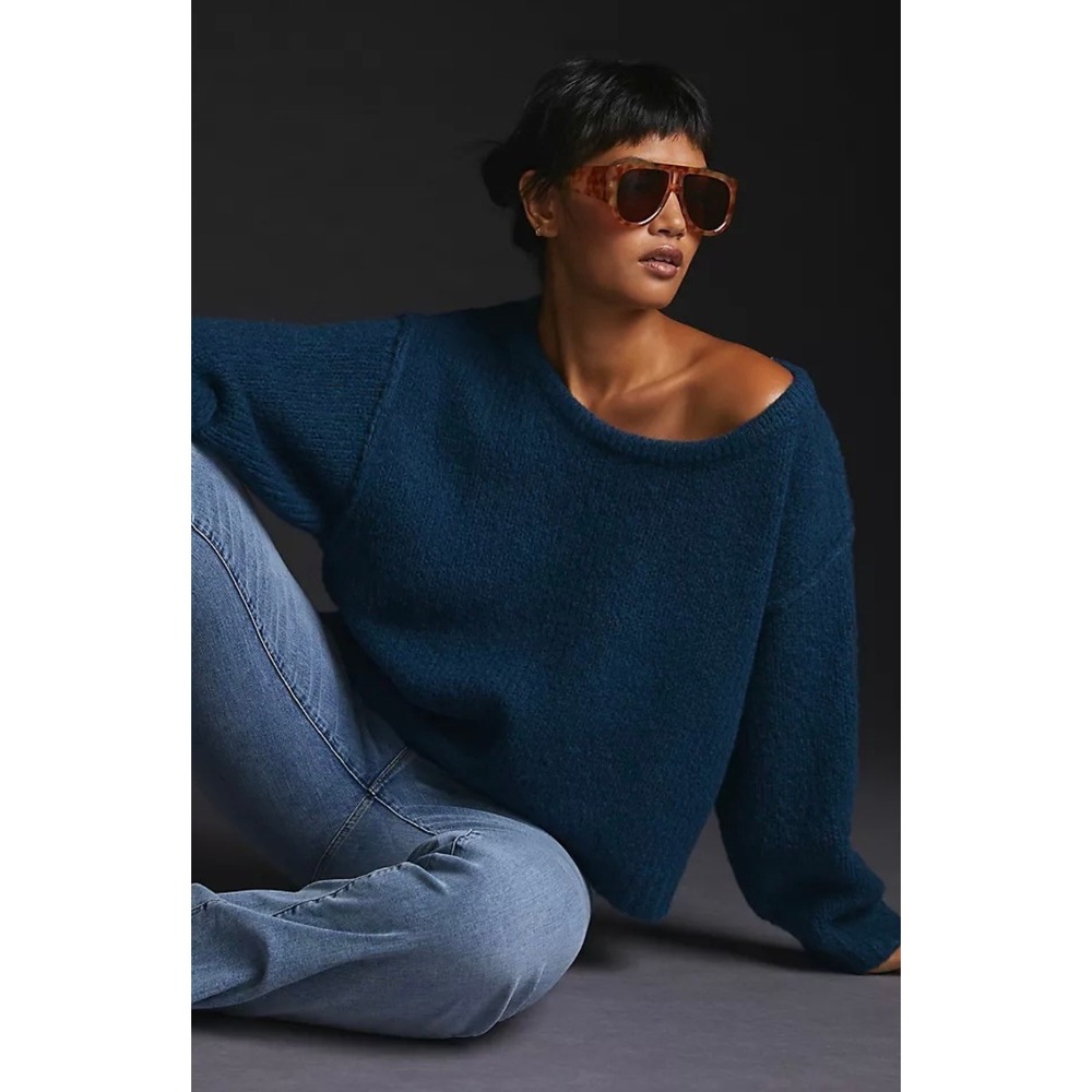 Anthropologie Teal Blue Textured Knit Boat Neck Cropped Sweater Medium
